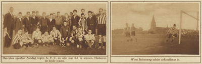 870819 Collage van 2 foto's betreffende de voetbalwedstrijd tussen Hercules (Utrecht) en A.F.C. (Amsterdam) op het ...